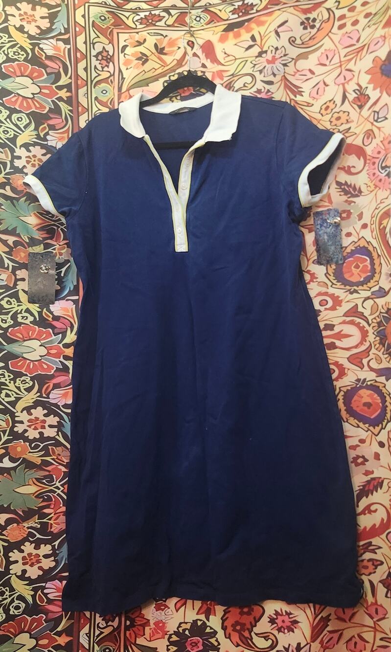 Vintage Tennis Dress Navy Blue White Lime Green Size Large Short Sleeve V Neck